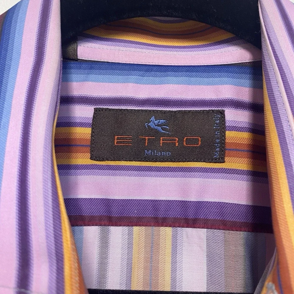 Etro Milano Purple Striped Button Down Shirt Size‎ 38 Italy Multicolor Cotton